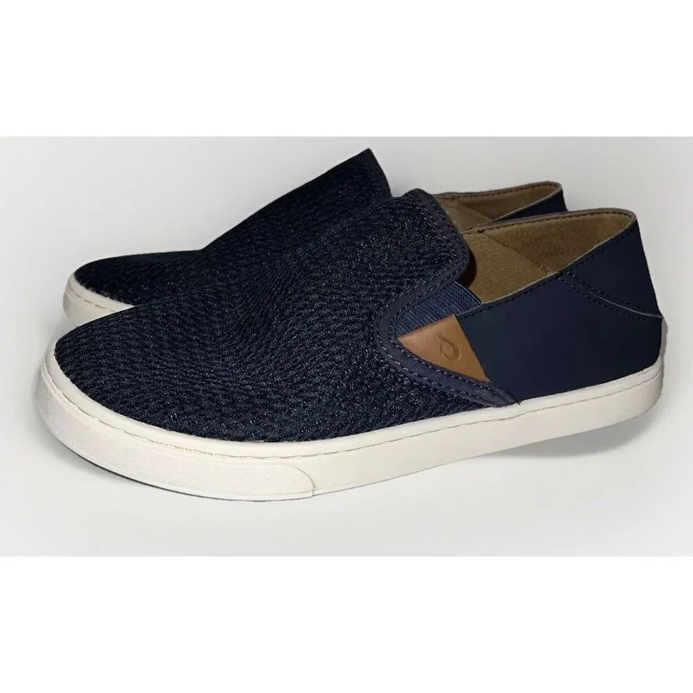 Olukai Pehuea‎ Womens Size 7W Shoes Blue Leather Comfort Slip On Sneakers Casual